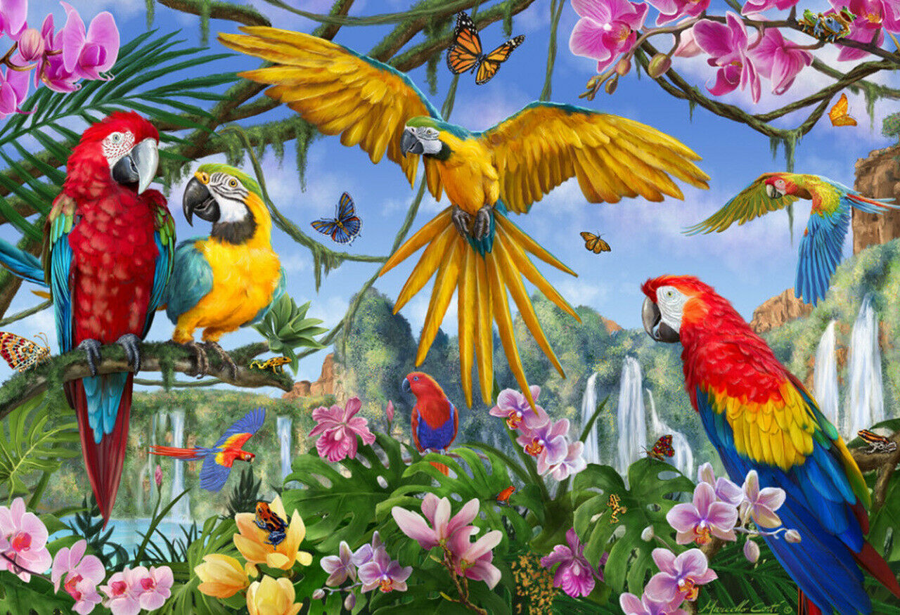 PARROTS JUNGLE TROPICAL BIRDS WATERFALL ORCHIDS EXOTIC PLANTS FLOWERS