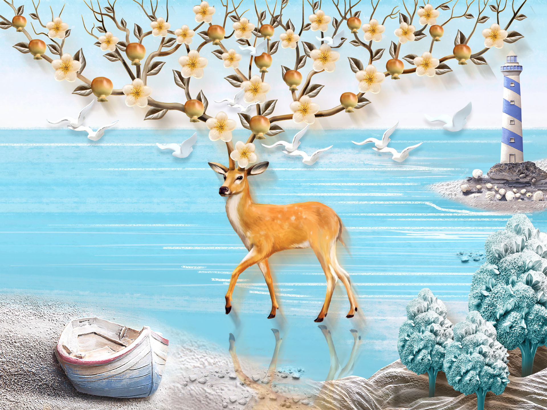 Олень в море. Фреска животные на природе. Фотообои с объемными рисунками животных. Детские фотообои пейзаж с животными. Фреска с оленями зима.